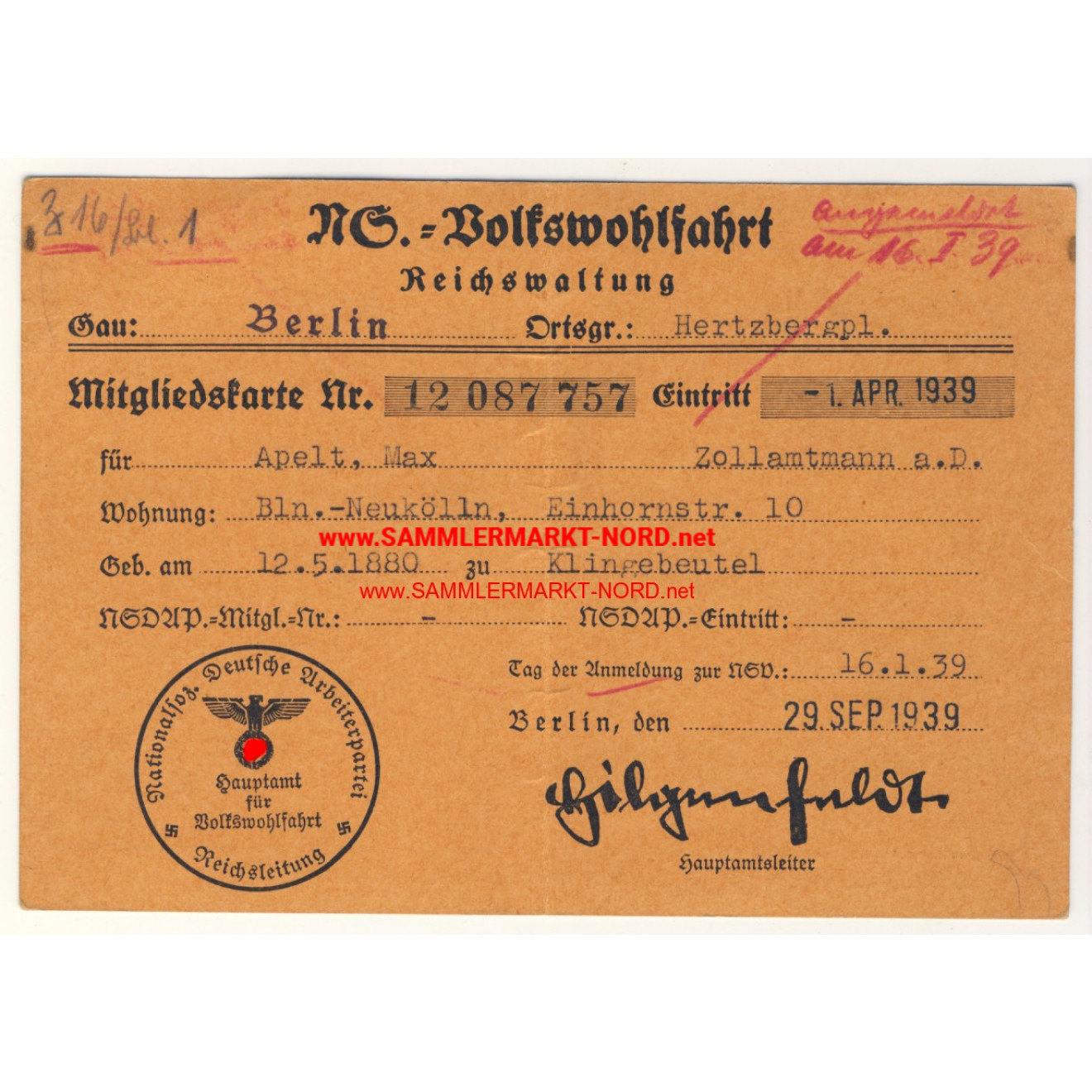 Membership card of the NAZI people's welfare