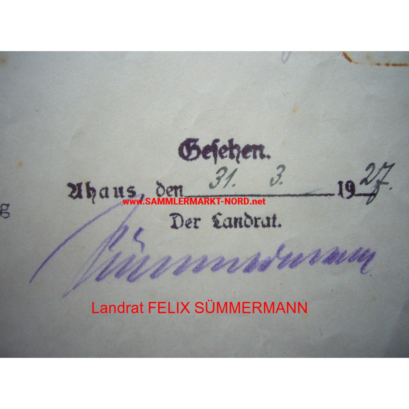 District Administrator von Ahaus, FELIX SÜMMERMANN 1927 - Autograph