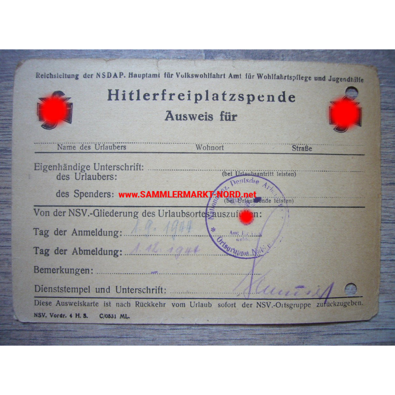 NSV - ID card for Hitler free space donation