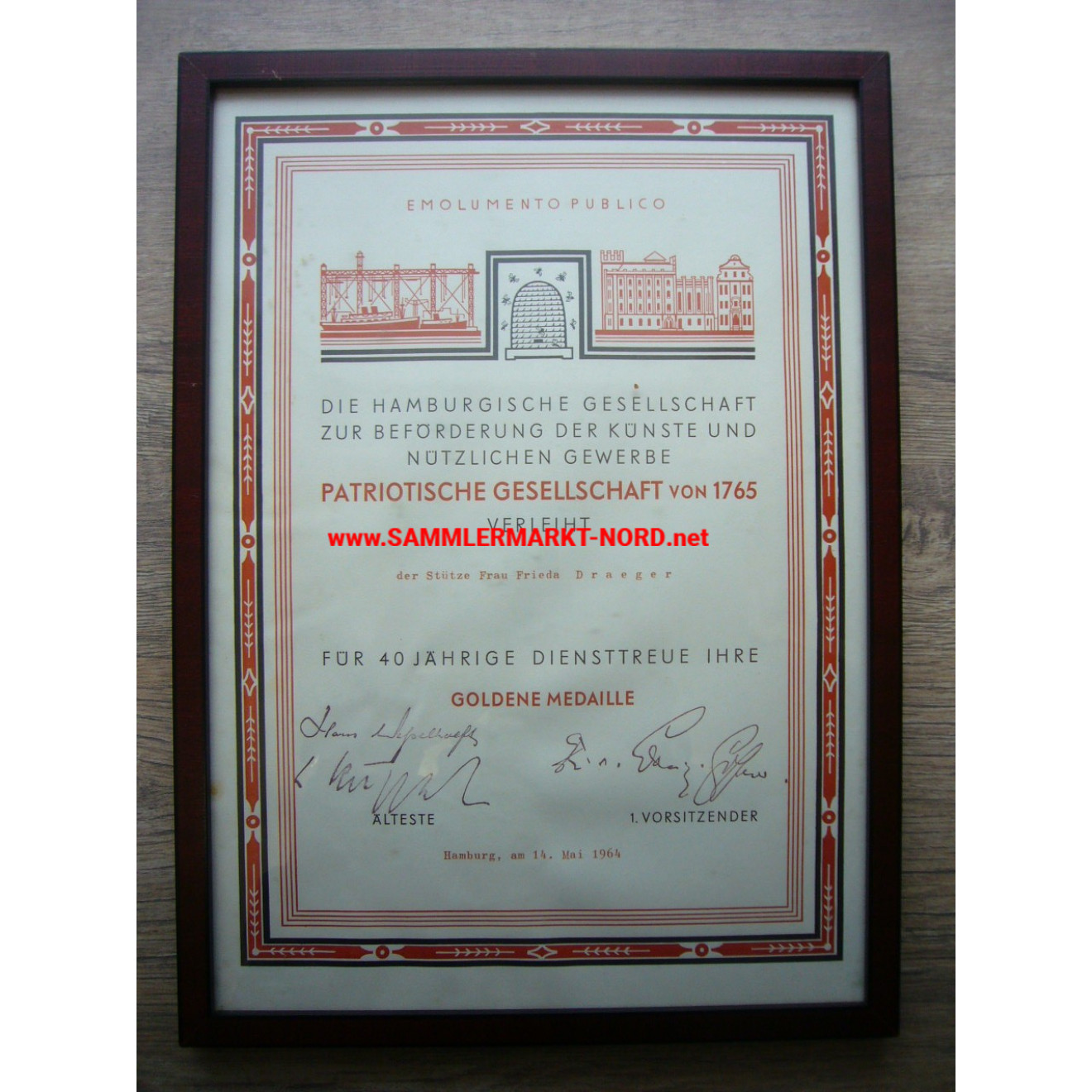 Patriotic Society of 1765 (Hamburg) - Certificate for the Golden Medal 1964