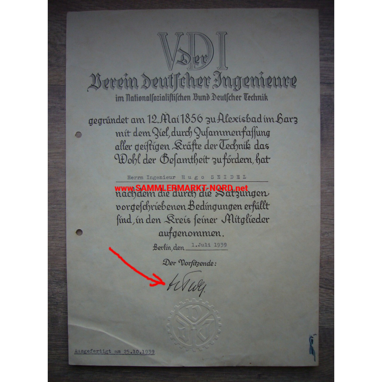 Minister FRITZ TODT - facsimile signature - VDI certificate 1939
