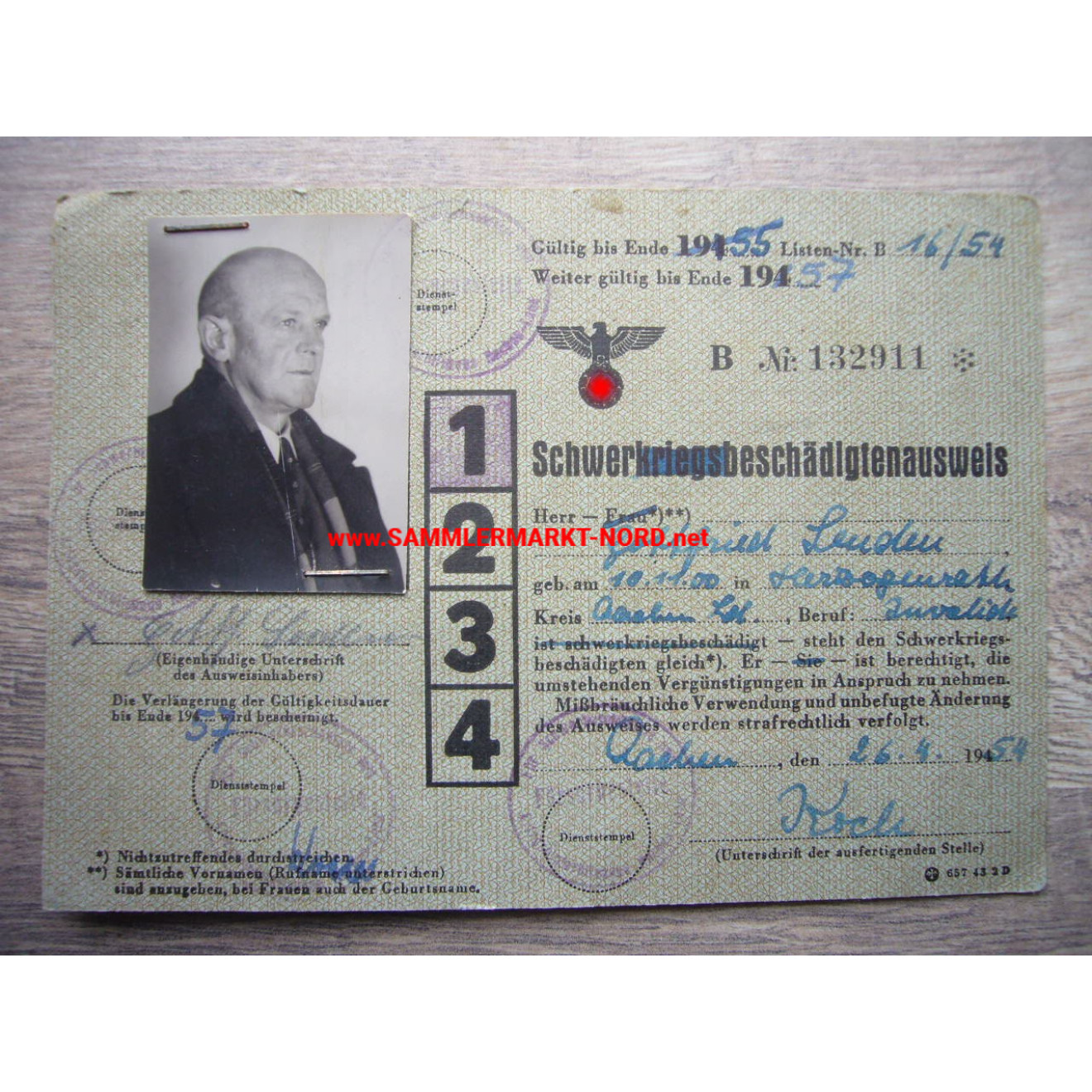 Severely disabled ID card 1954 - form from the 3rd Reich