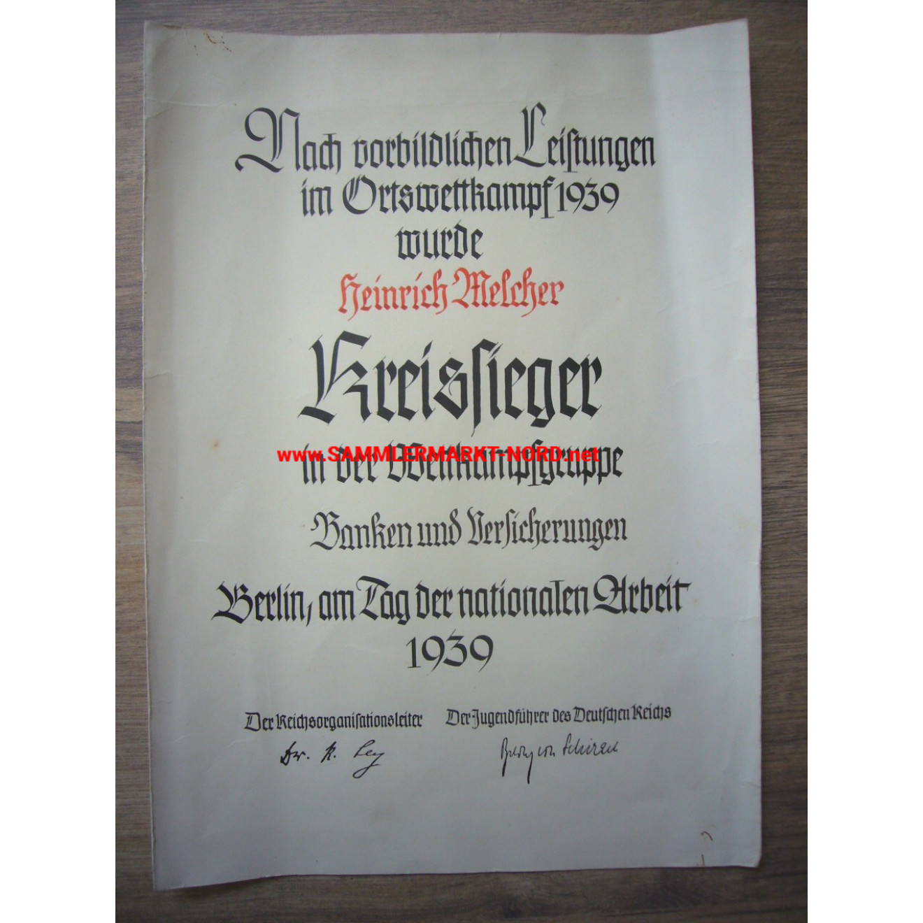 HJ Kreissieger Badge 1939 - Award document