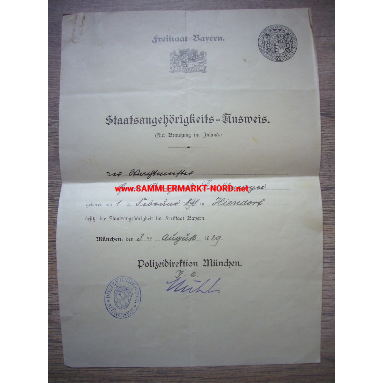 Free State of Bavaria - nationality card