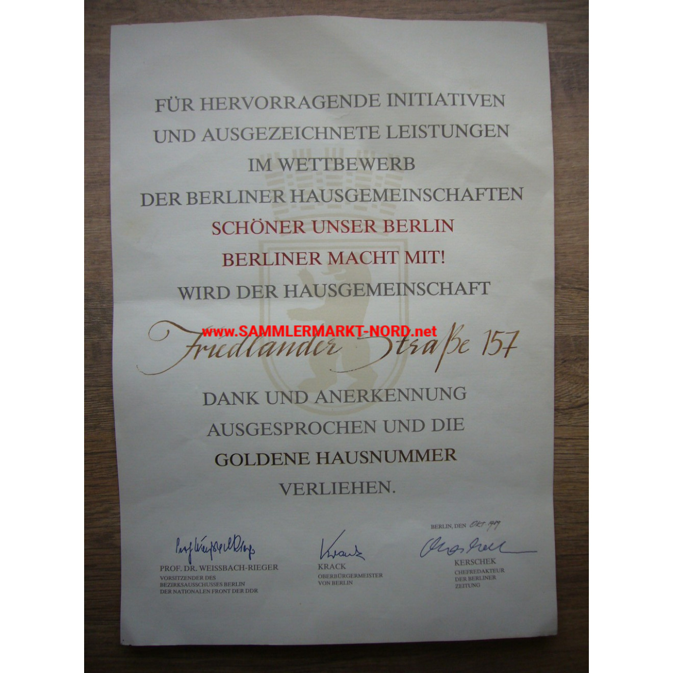 GDR - Berlin 1989 - award certificate for the golden house number
