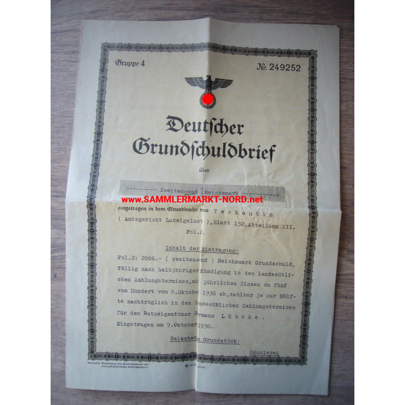 German land charge certificate - Ludwigslust 1936