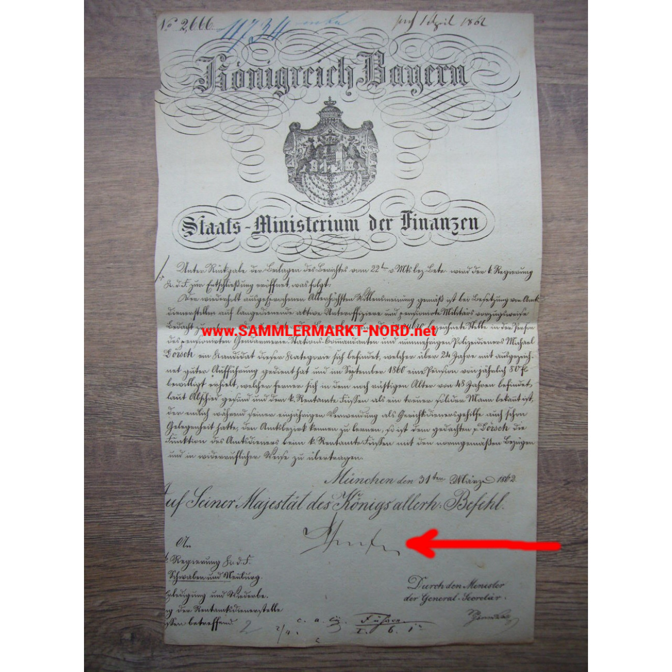Königreich Bayern - Finanzminister BENNO VON PFEUFER (1862) - Autograph