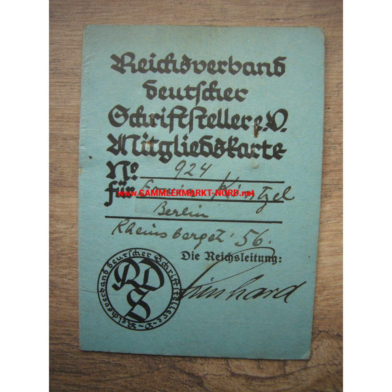 Reichsbund Deutscher Schriftsteller e.V. - membership card