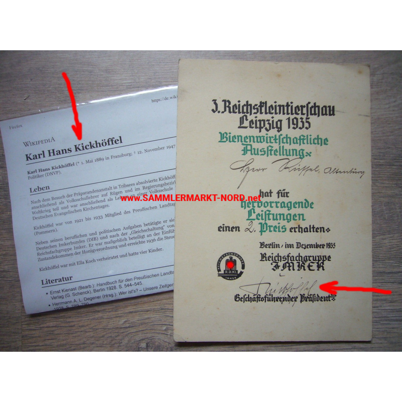 R.D.Kl. Specialist Group Beekeepers - Certificate - Politician KARL HANS KICKHÖFFEL - Autograph