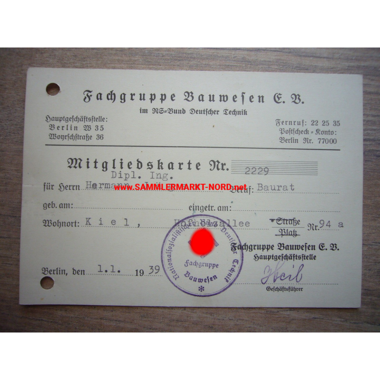 NS Federation of German Engineering - Construction Section - Membership Card