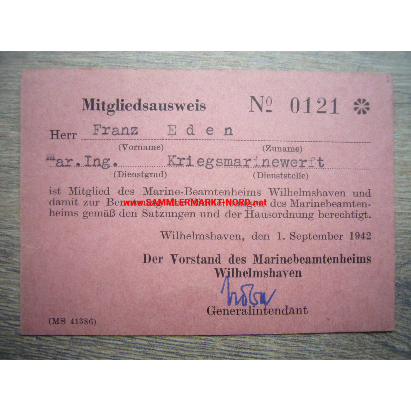 Kriegsmarine - Marinebeamtenheim Wilhelmshaven - Mitgliedsausweis