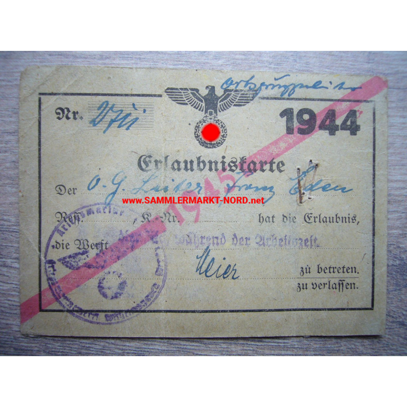 Kriegsmarine Werft Wilhelmshaven - Ausweis zum betreten der Werft 1944/45