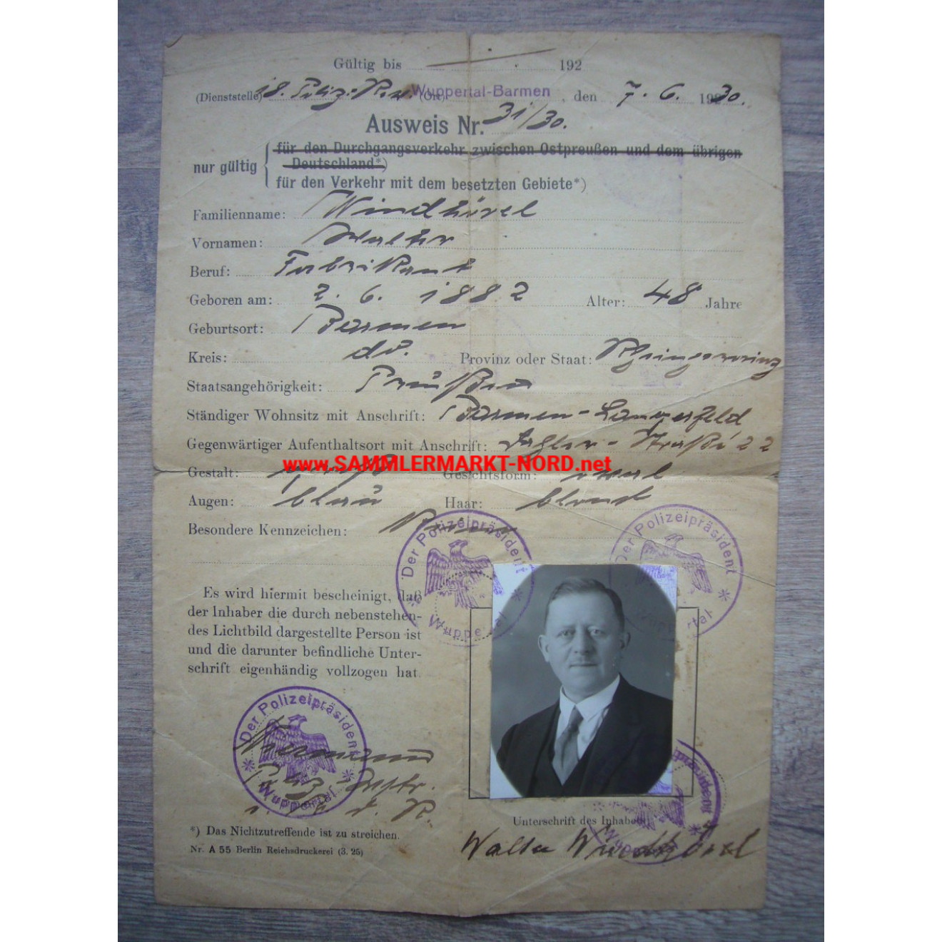 Identity card for traffic with the occupied territory 1930