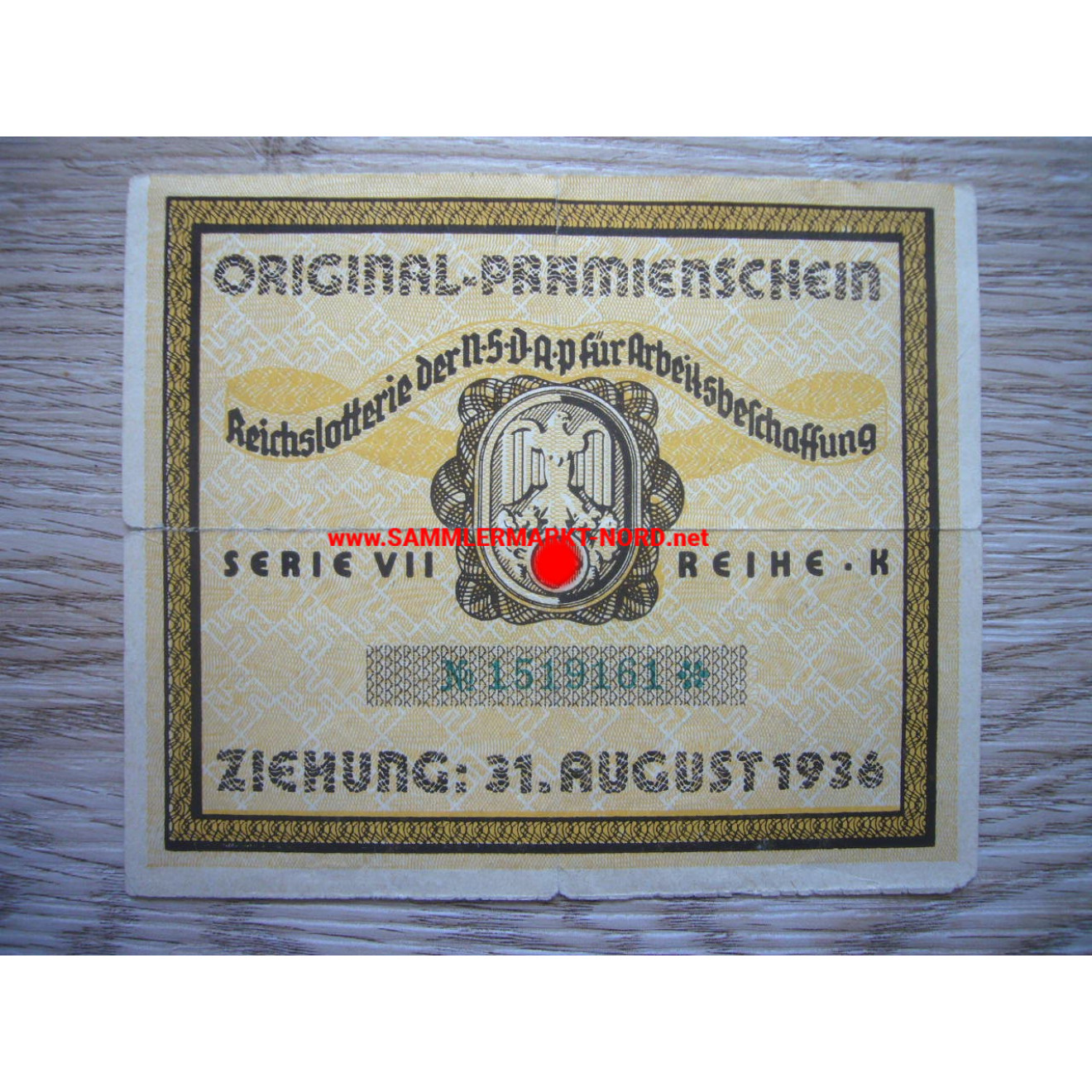Reich lottery of the NSDAP for job creation - premium coupon 1936
