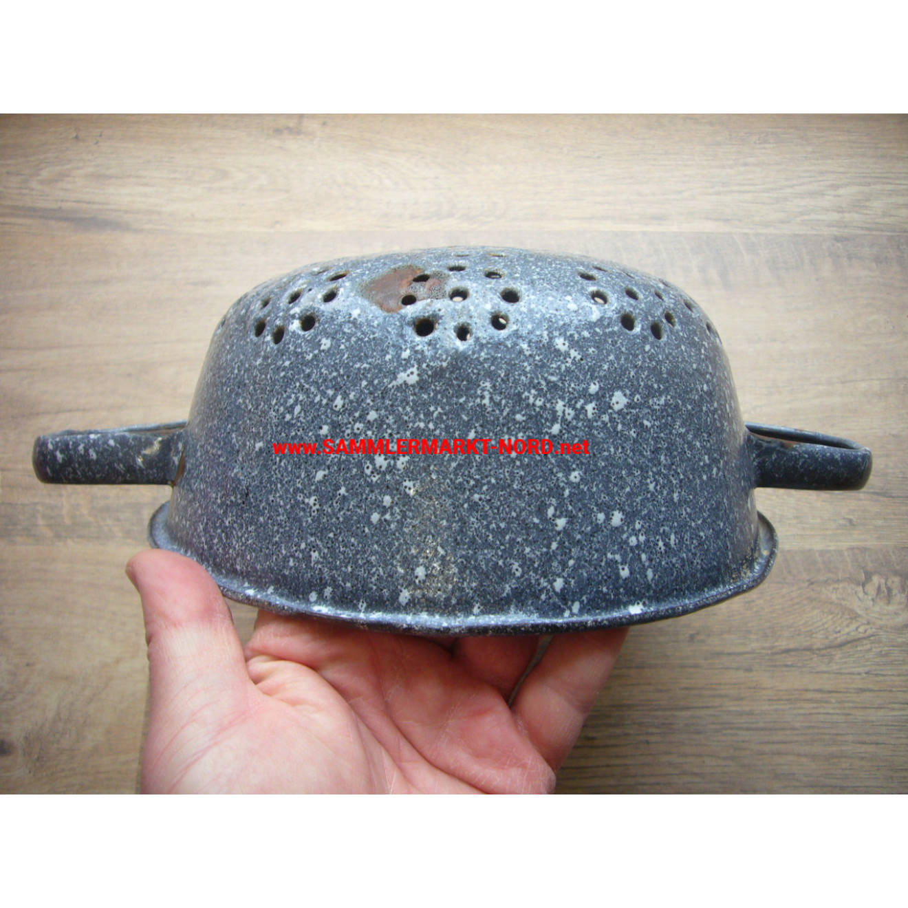 Enamelled pasta strainer - former Wehrmacht steel helmet