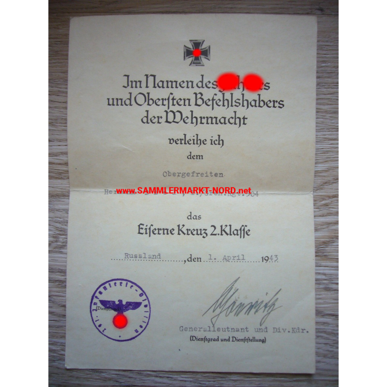 Iron Cross Certificate - 291. Infantry Division - Lieutenant General WERNER GOERITZ - Autograph