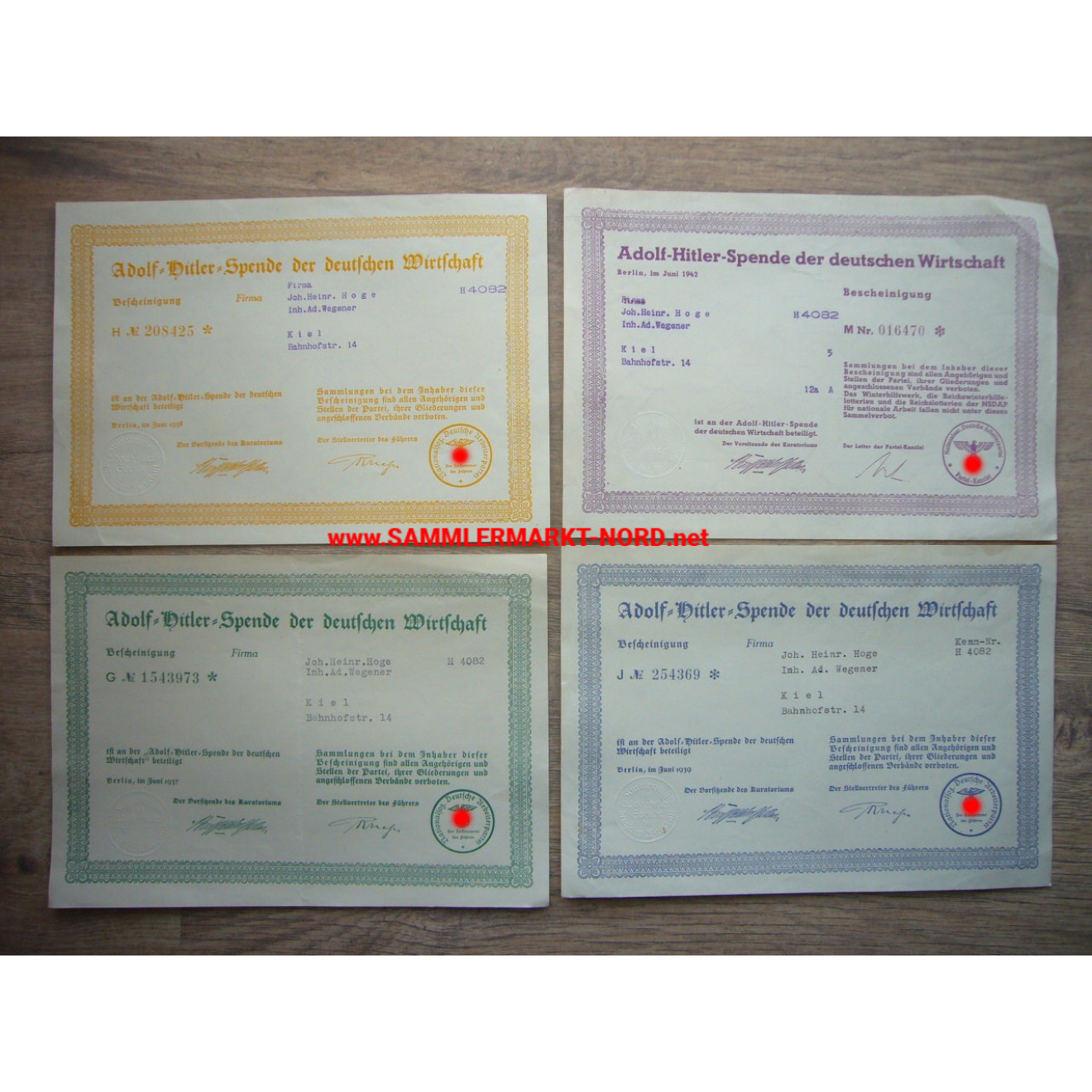 4 x donation certificate - Adolf Hitler donation from the German economy