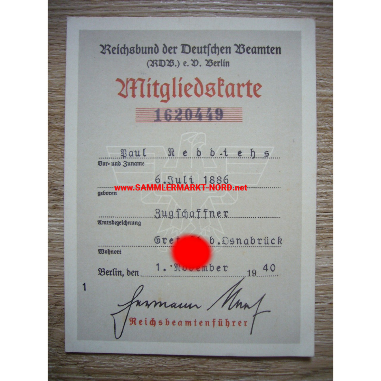 Reich Association of German Civil Servants - membership card 1940
