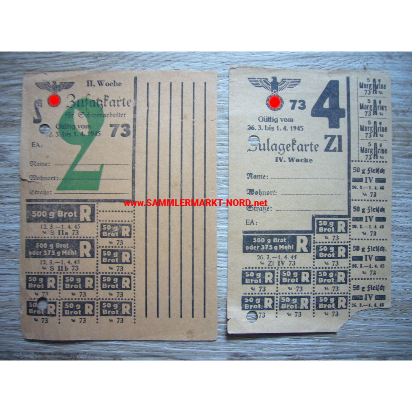 2 x Lebensmittelkarte März / April 1945 - Zusatzkarten
