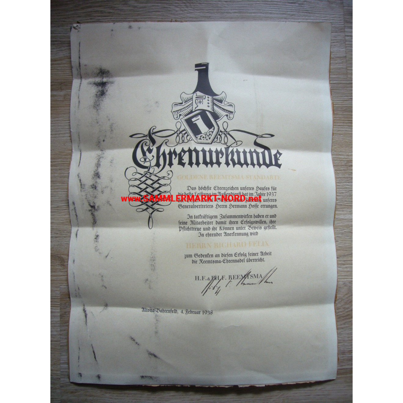 Reemtsma Company, Altona - Certificate for badge of honour - PHILIPP FÜRCHTEGOTT REEMTSMA - Autograph