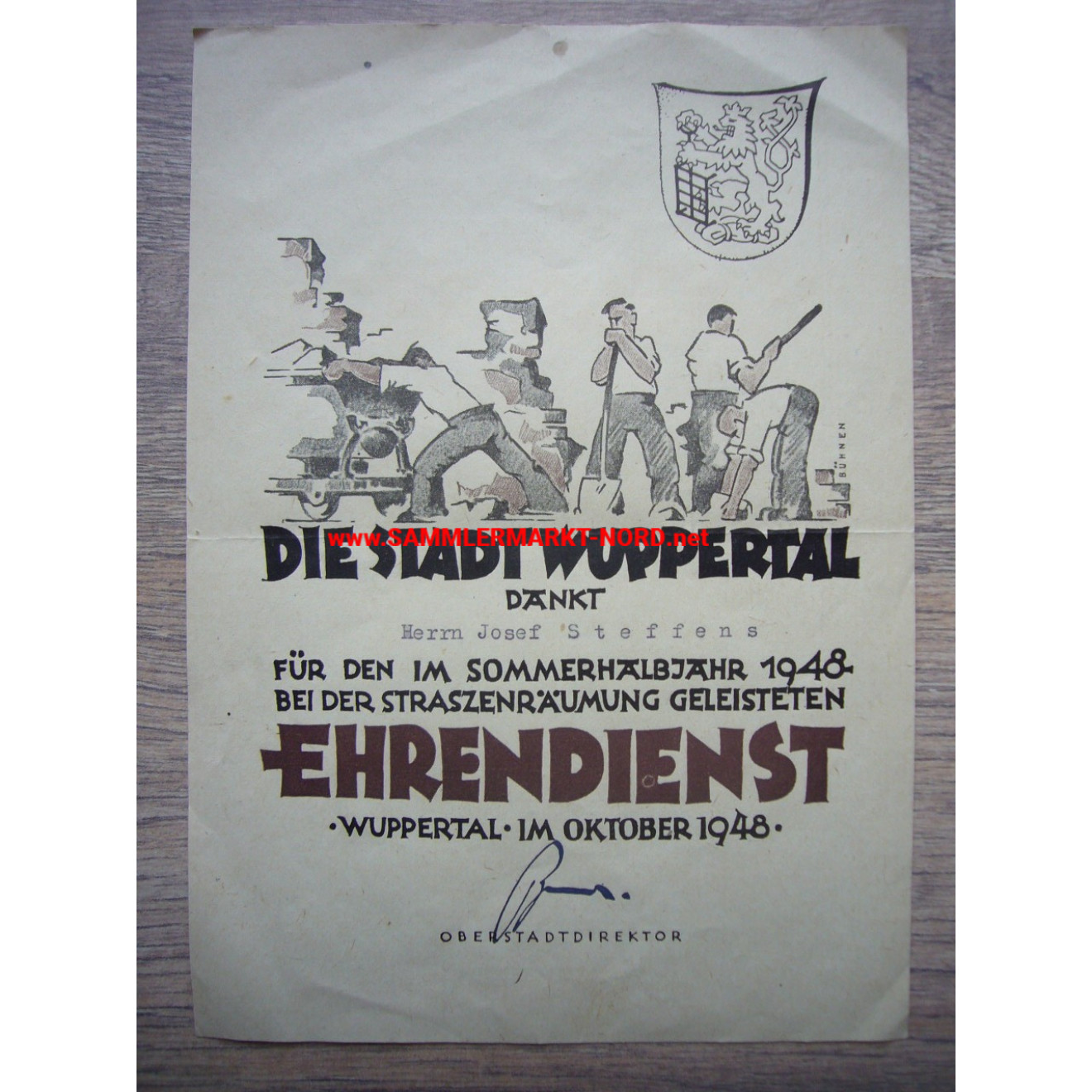 Stadt Wuppertal - Ehrendienst für den Wiederaufbau - Urkunde 1948