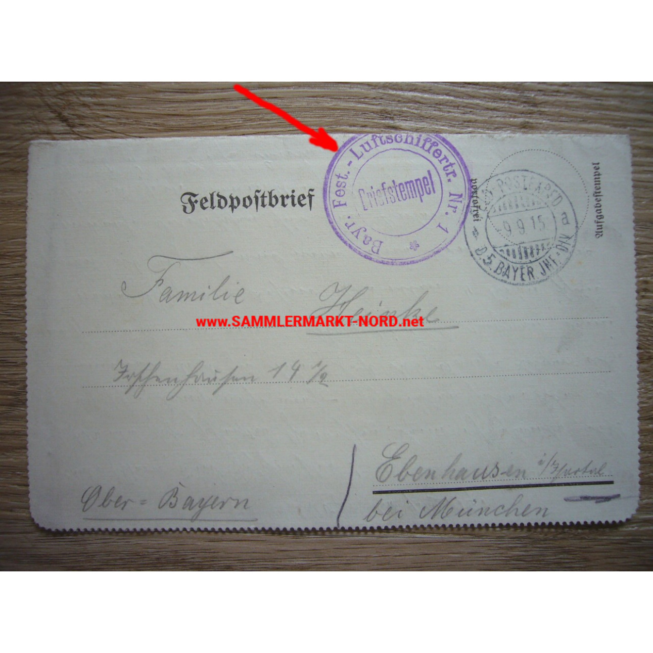 Bavarian fortress airship troop no. 1 - Field post cover 1915