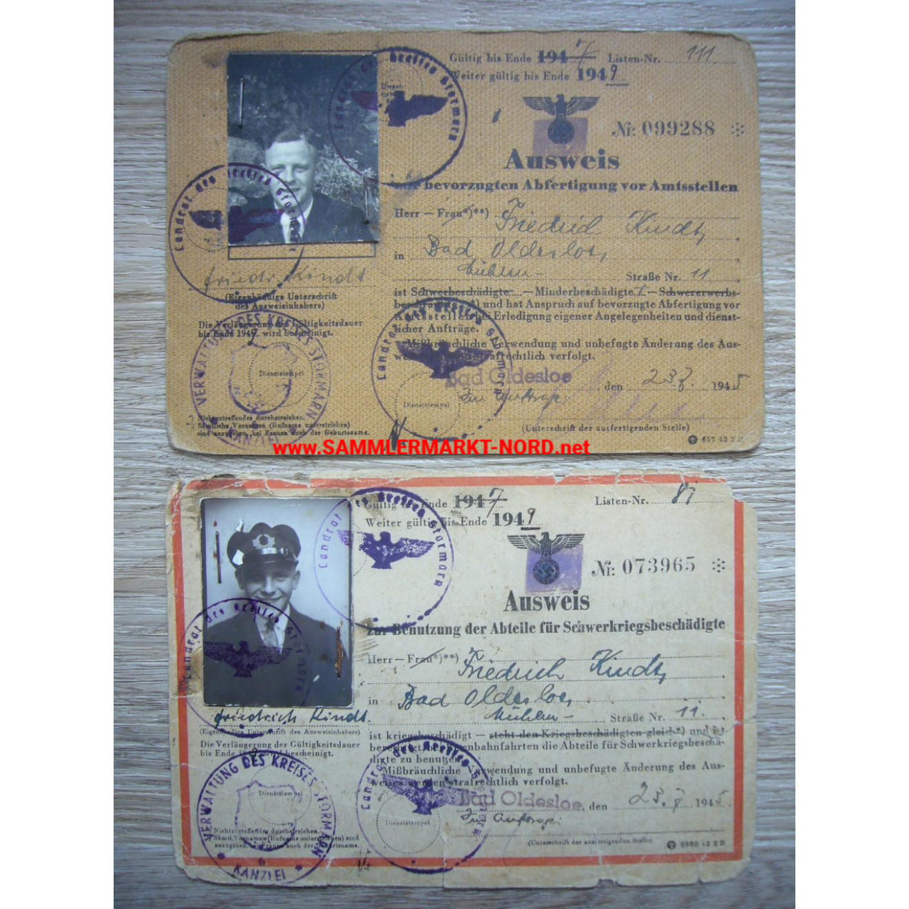 2 x identity card for severely war-disabled persons - Bad Oldesloe - 23 July 1945