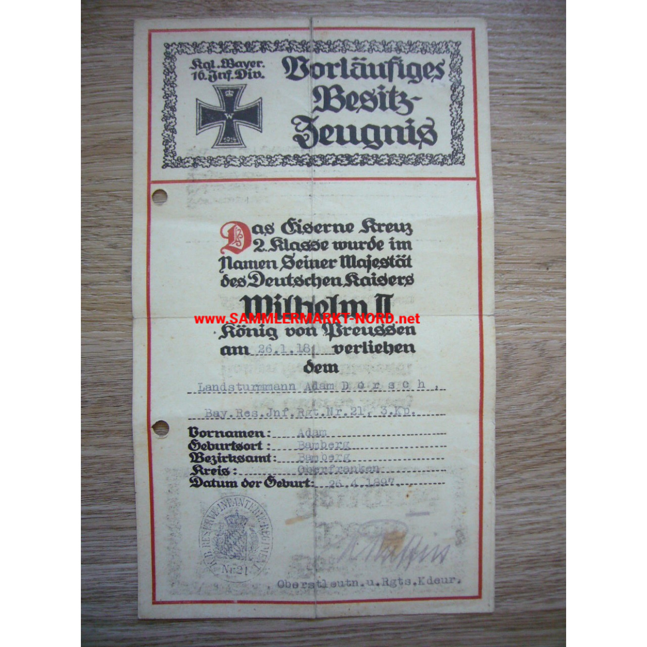 Royal Bavarian 16th Infantry Division - Certificate for the Iron Cross 2nd Class - 1918