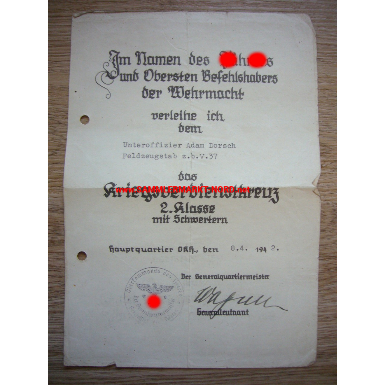 KVK Urkunde - Generalleutnant EDUARD WAGNER (Widerstand 20. Juli 1944) - Autograph - Feldzeugstab z.b.V. 37