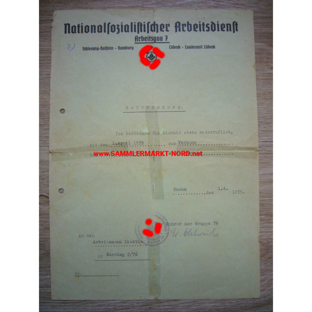NS Arbeitsdienst, Arbeitsgau 7 - Beförderungsurkunde - 1935