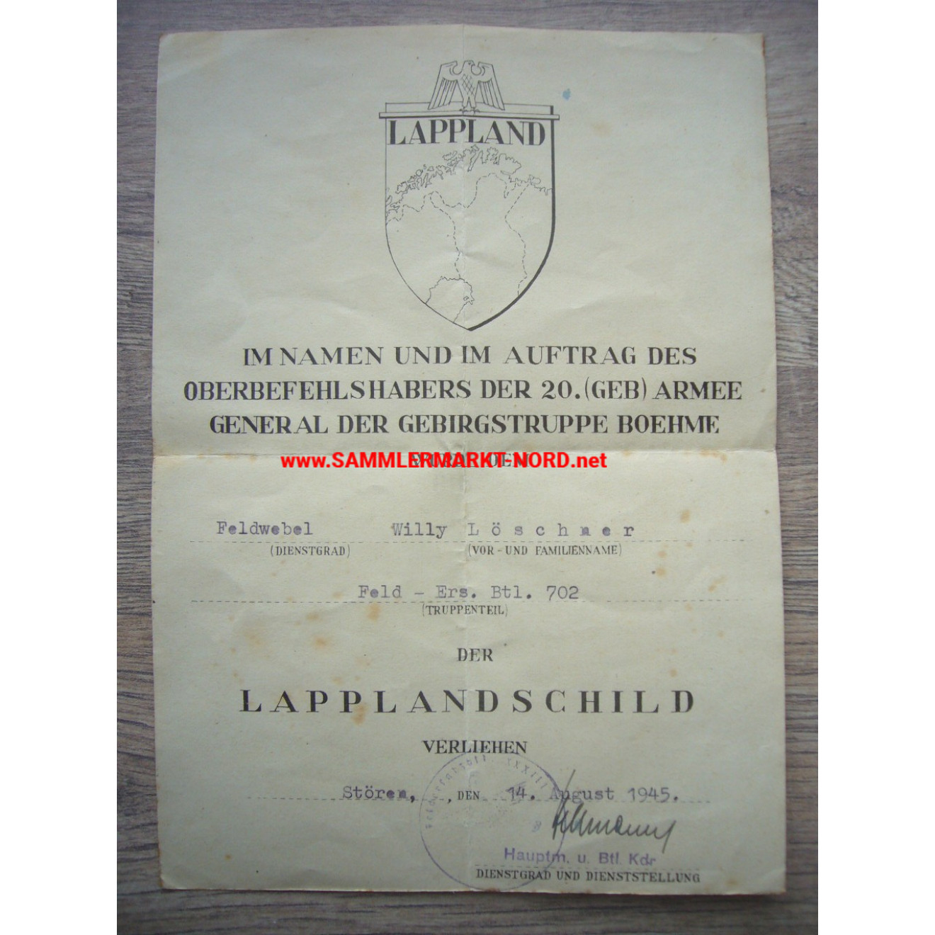 Lappland Campaign Shield award certificate - Feld-Ers. Btl. 702