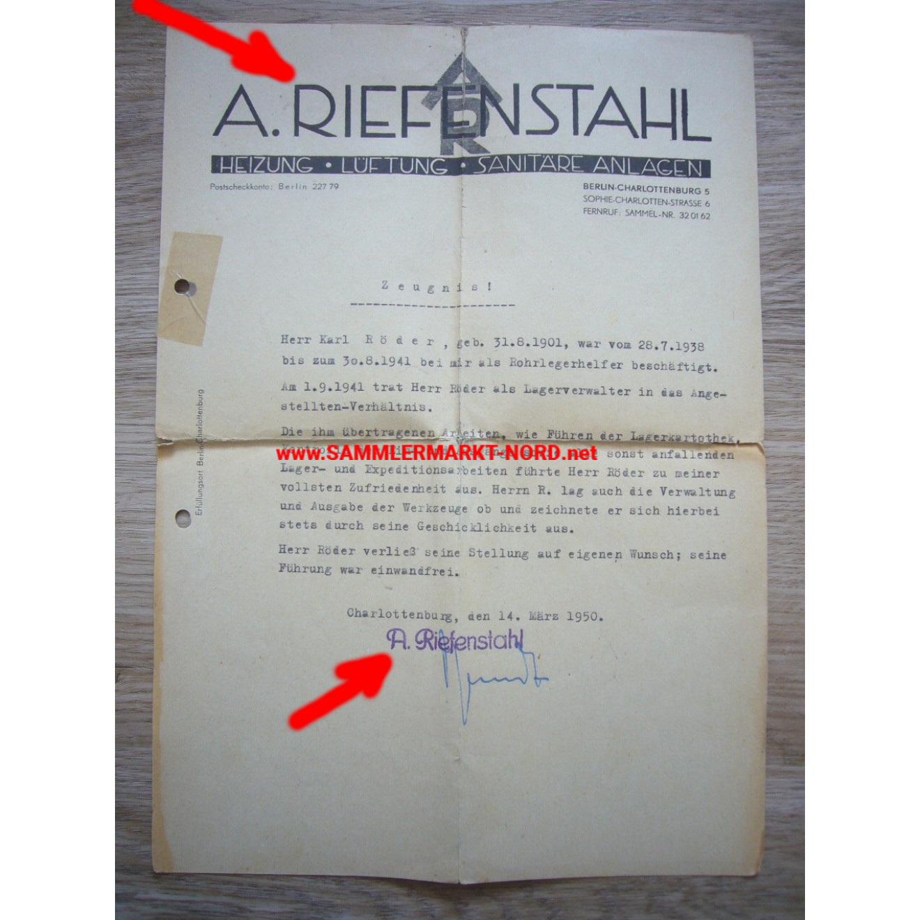 Firma ALFRED RIEFENSTAHL, Berlin - Vater von LENI Riefenstahl - Zeugnis