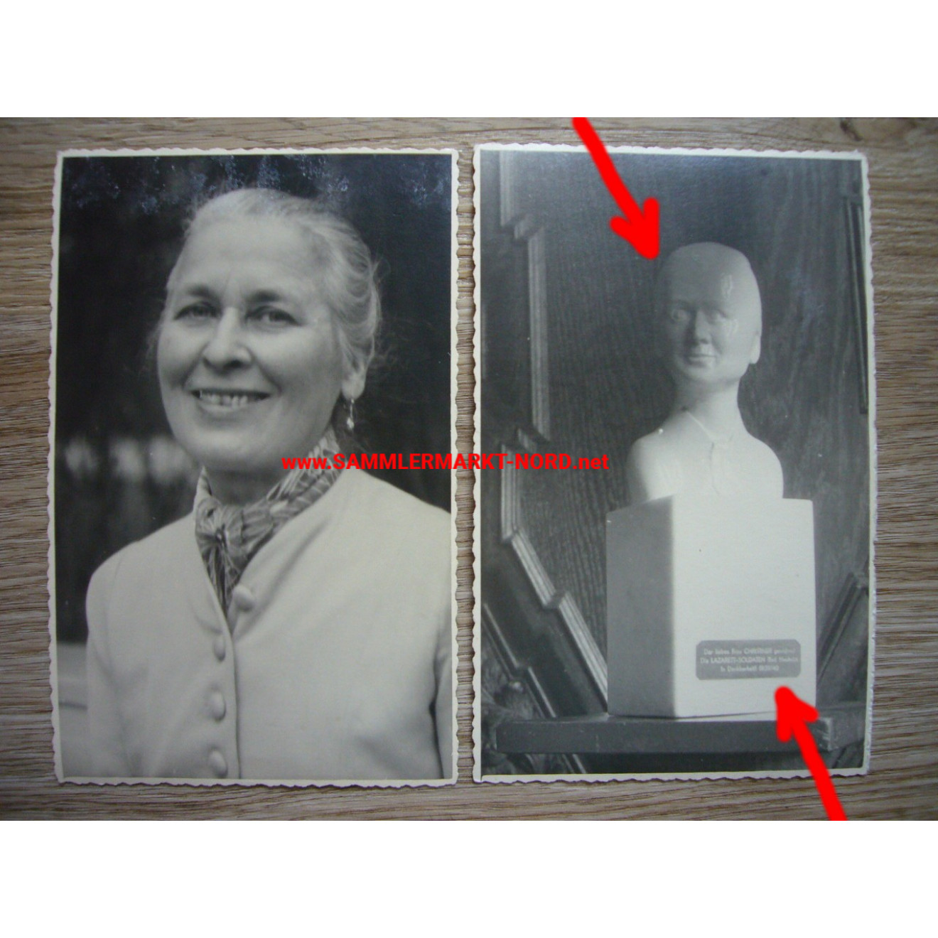 2 x photo 1941 Bad Nauheim - DRK nurse & gift bust of wounded soldiers