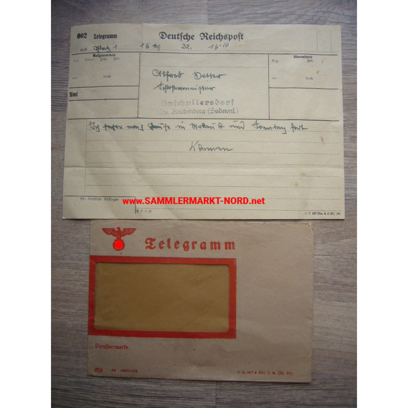 Deutsche Reichspost - Telegram - Buschullersdorf, Reichenberg district / Sudetenland