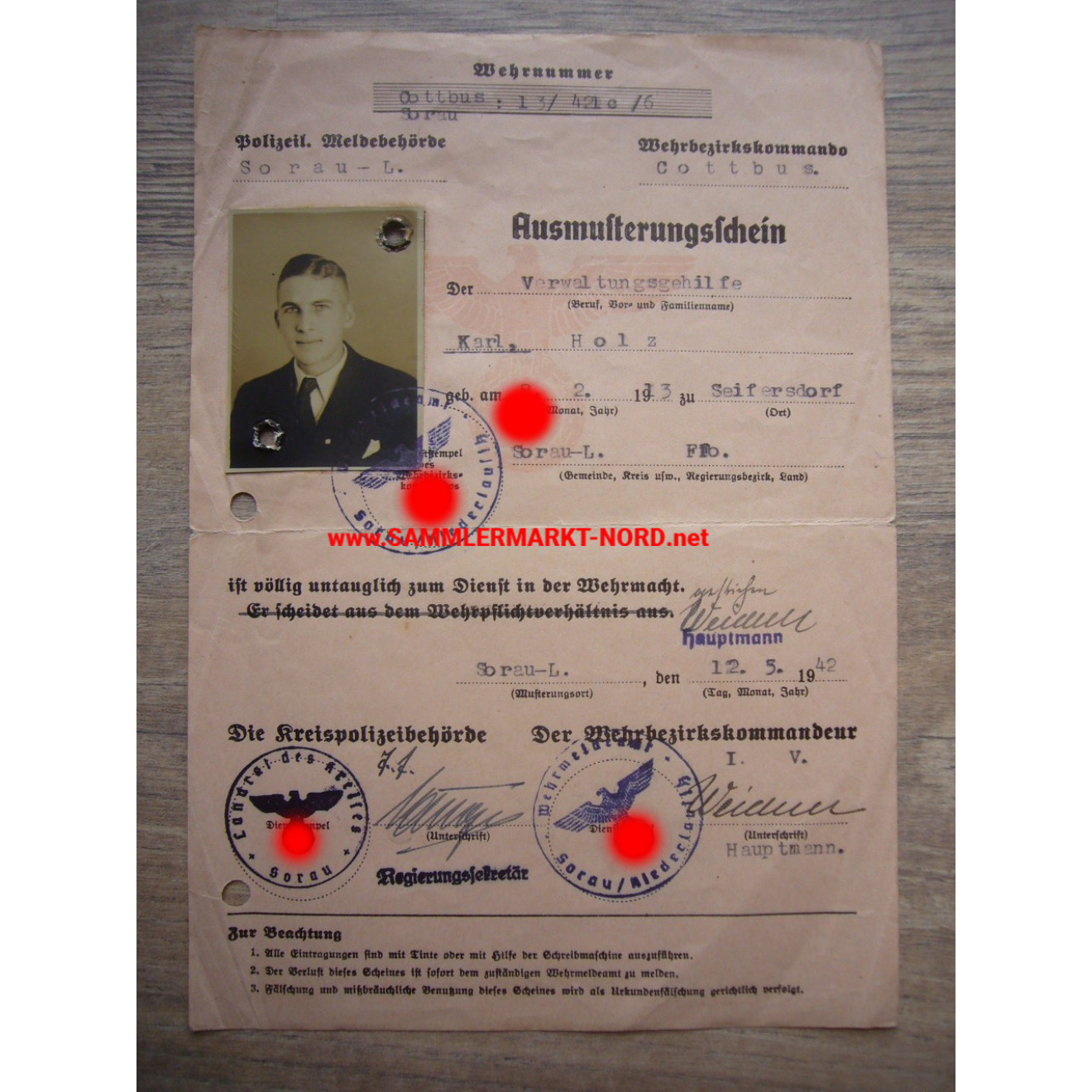 Wehrmacht - Discharge certificate - Sorau / Niederlausitz 1942