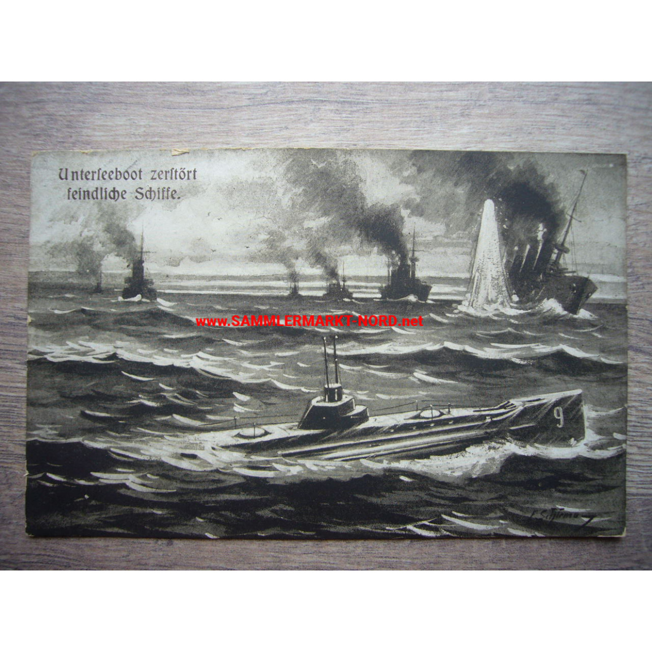 Imperial Navy - Submarine (U 9) destroys enemy ships - Postcard