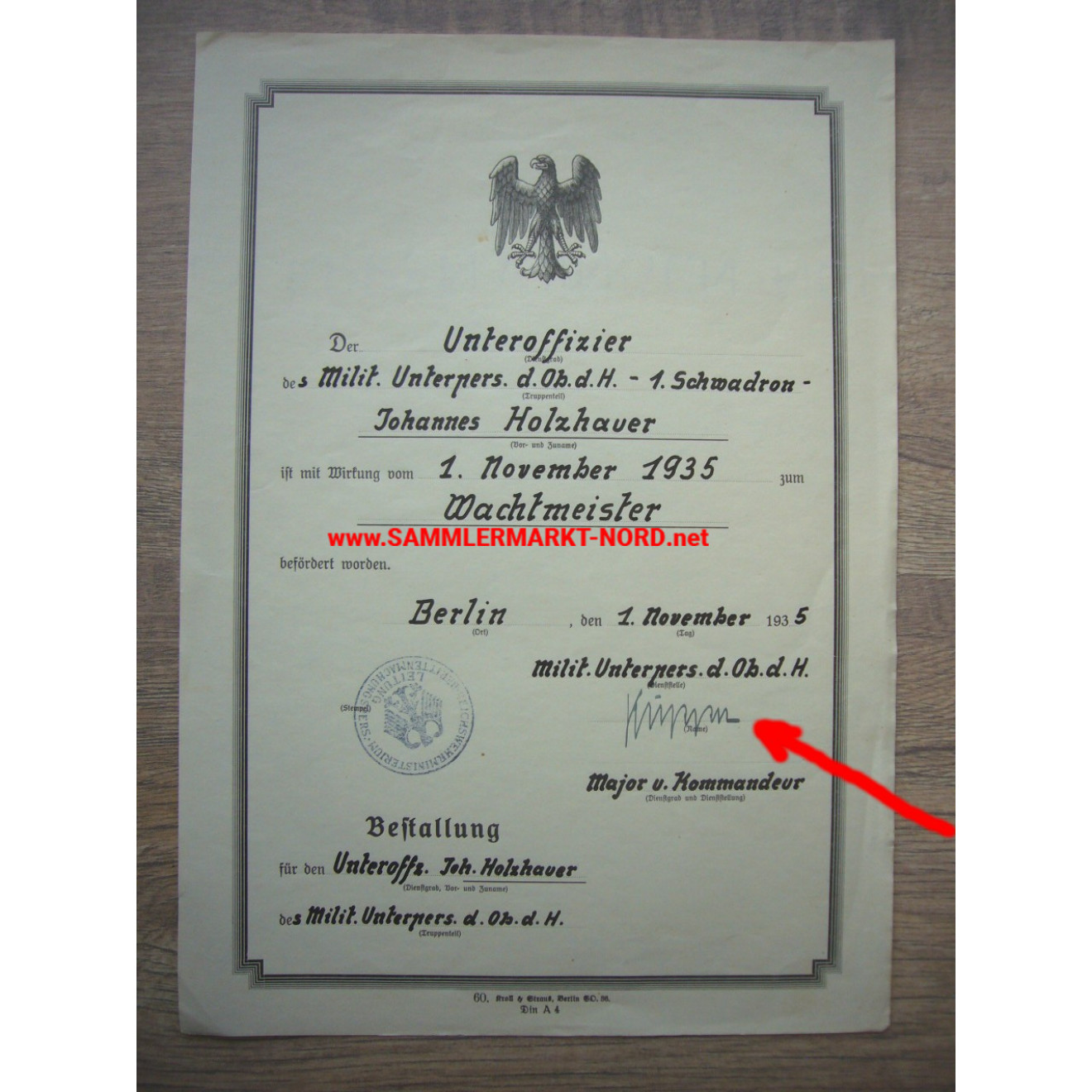 Bestallungsurkunde zum Wachtmeister - Generalmajor HANS-PAUL KÜPPER - Autograph - Kommandant von Riga