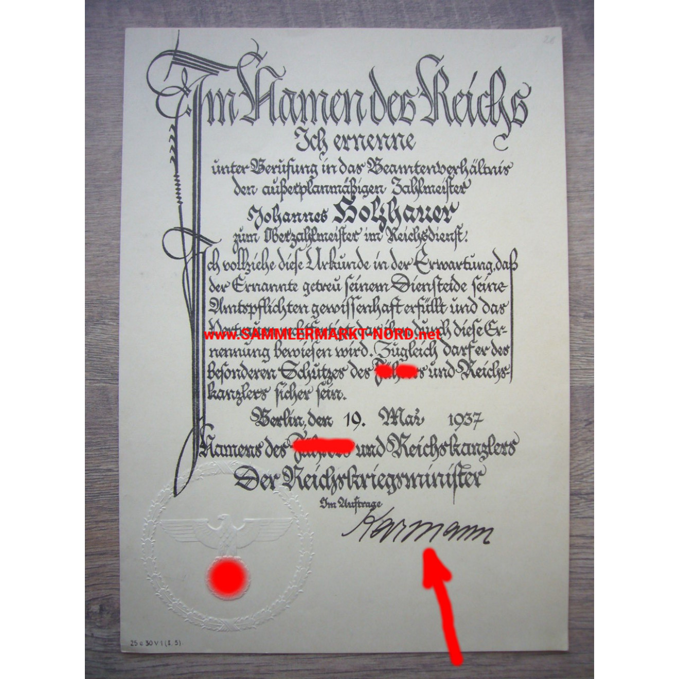 Ernennungsurkunde zum Oberzahlmeister im Reichsdienst - General der Infanterie DR. FRIEDRICH KARMANN - Autograph