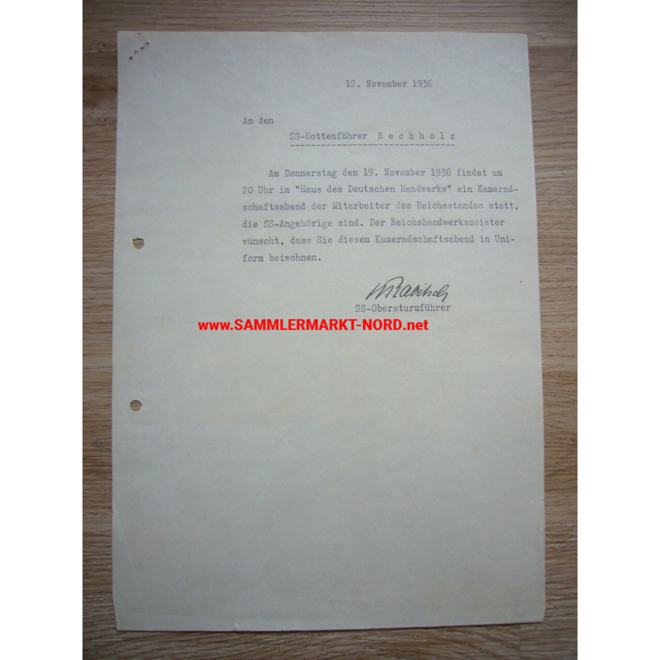 SS-Obersturmführer WALTER RABITSCH - Invitation for SS-Rottenführer Hans Bechholtz