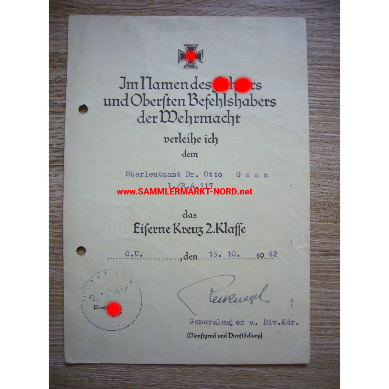 Iron Cross Certificate - 1. Radfahr-Abteilung 117 - Major General HERMANN RECKNAGEL - Autograph