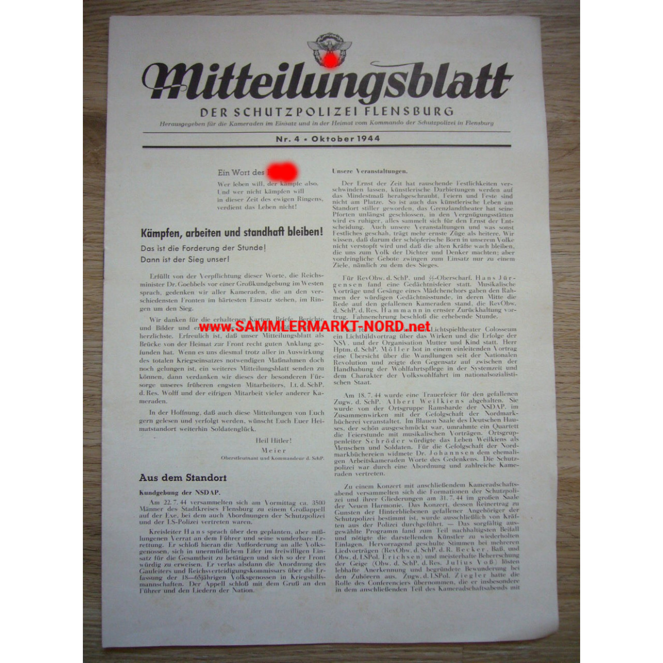 Mitteilungsblatt der Schutzpolizei Flensburg - 4.10.1944