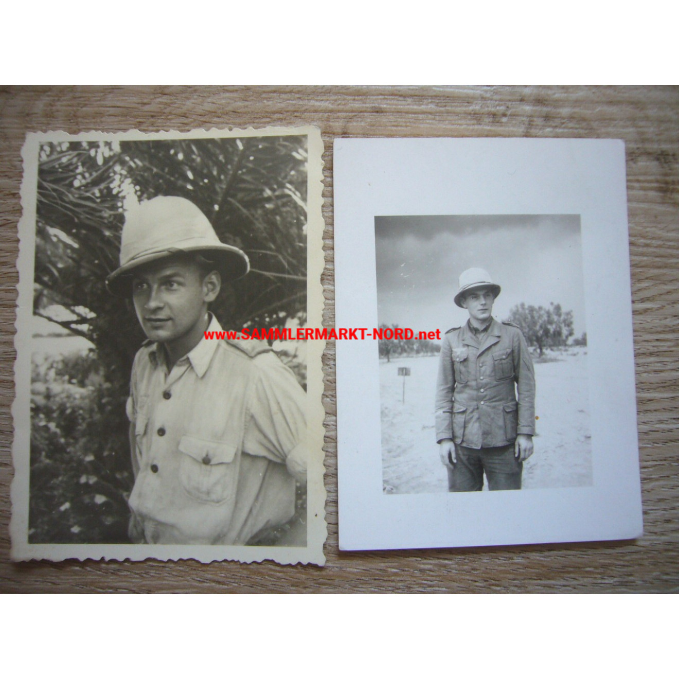 2 x Portraitfoto Soldat mit Tropenhelm und Ärmelband "Afrikakorps"