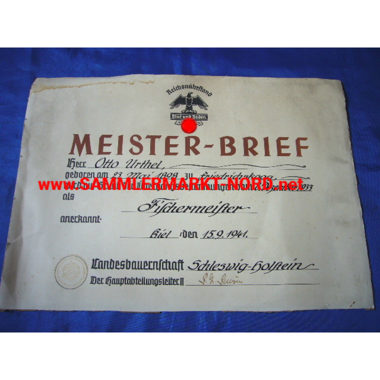 Reichsnährstand master's certificate for a carpenter master