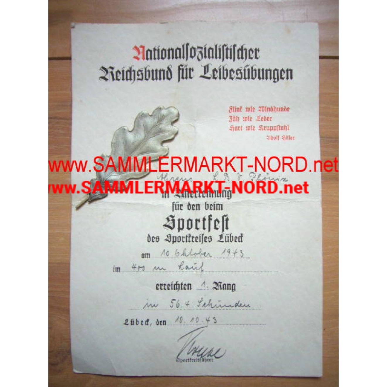 NS Reichsbund für Leibesübungen - acknowledgment document for th