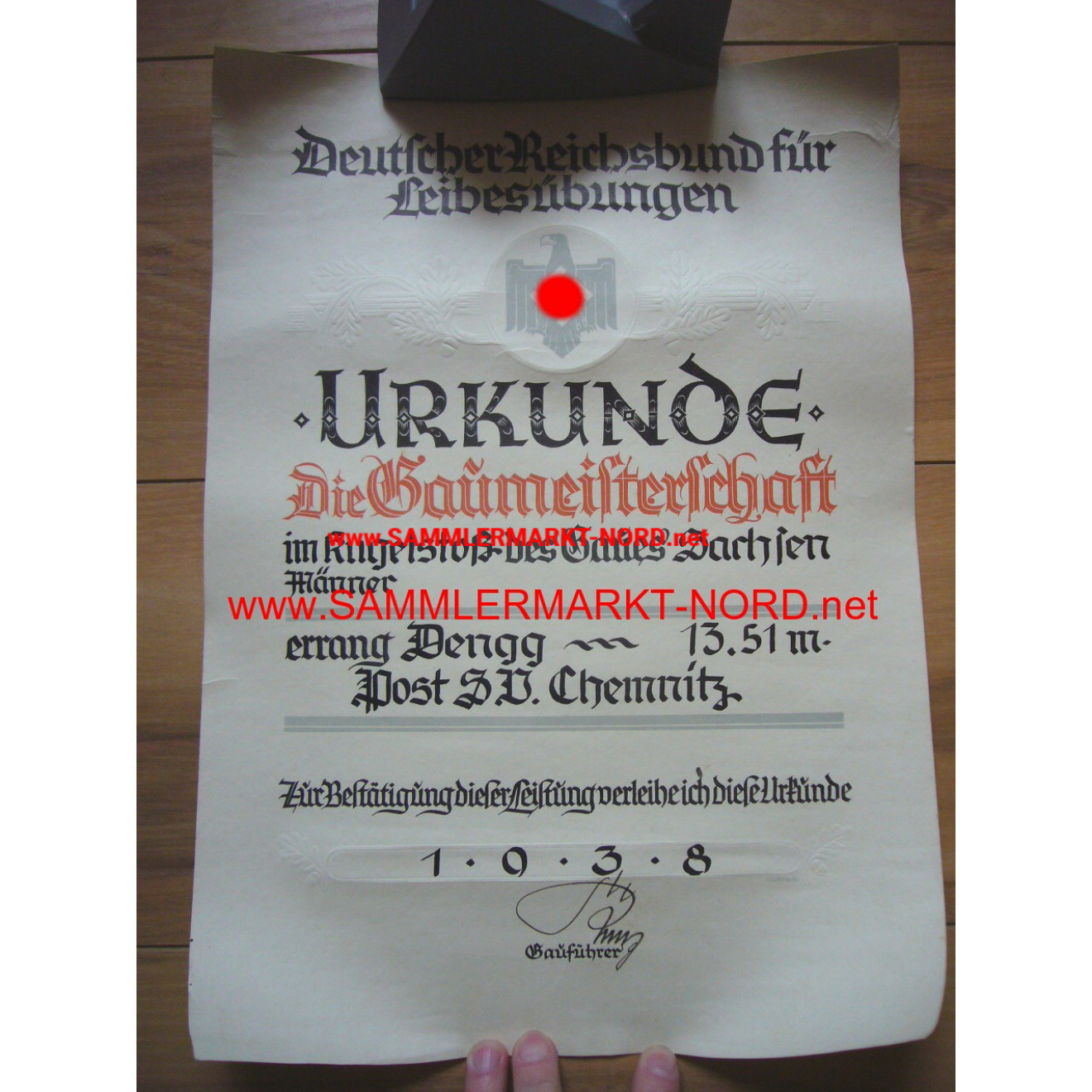 Large DRL certificate - Gaumeisterschaft Gau Sachsen 1938