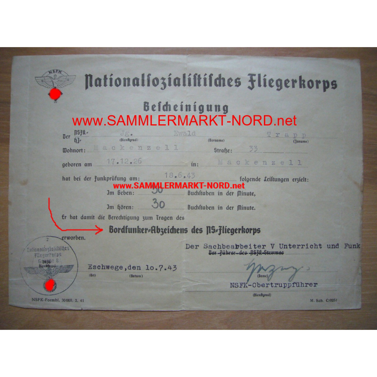 NSKK award certificate for the NSFK Wireless Communicator Badge