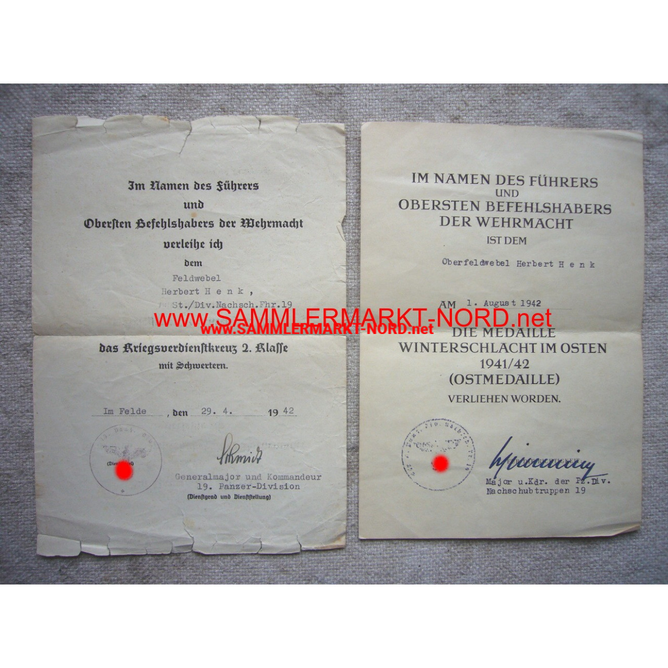 Award document group - Divisions-Nachschub-Führer 19 (19. Tank D
