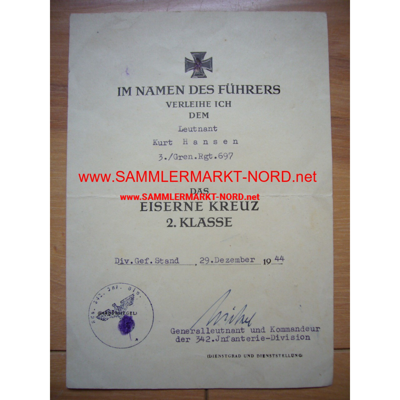 Verleihungsurkunde zum Eisernen Kreuz 2. Klasse - 3./ Grenadier 
