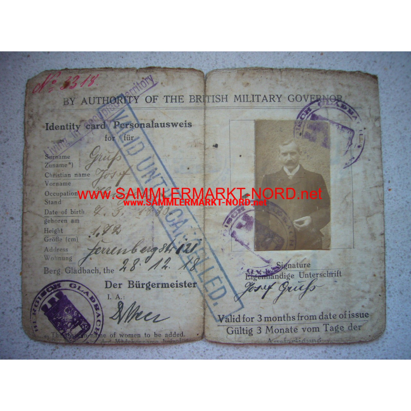 Identity card Bergisch-Gladbach - British occupation 1918