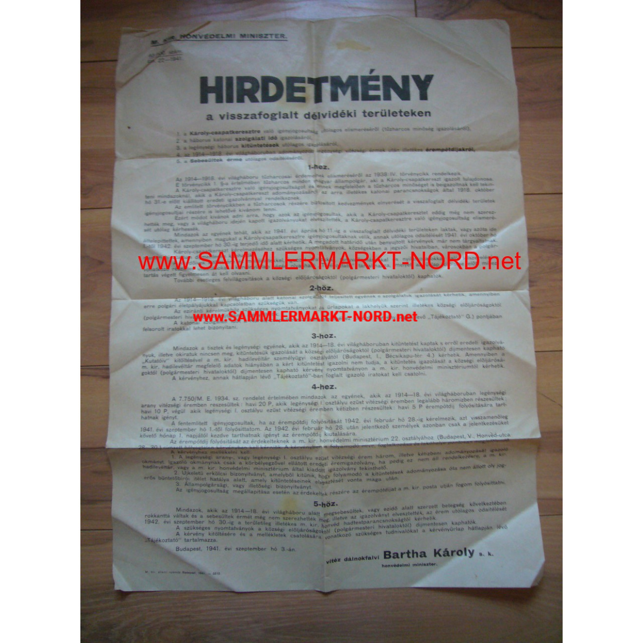 Hungary 1941 (Honved) - Large poster "Hirdetmeny"